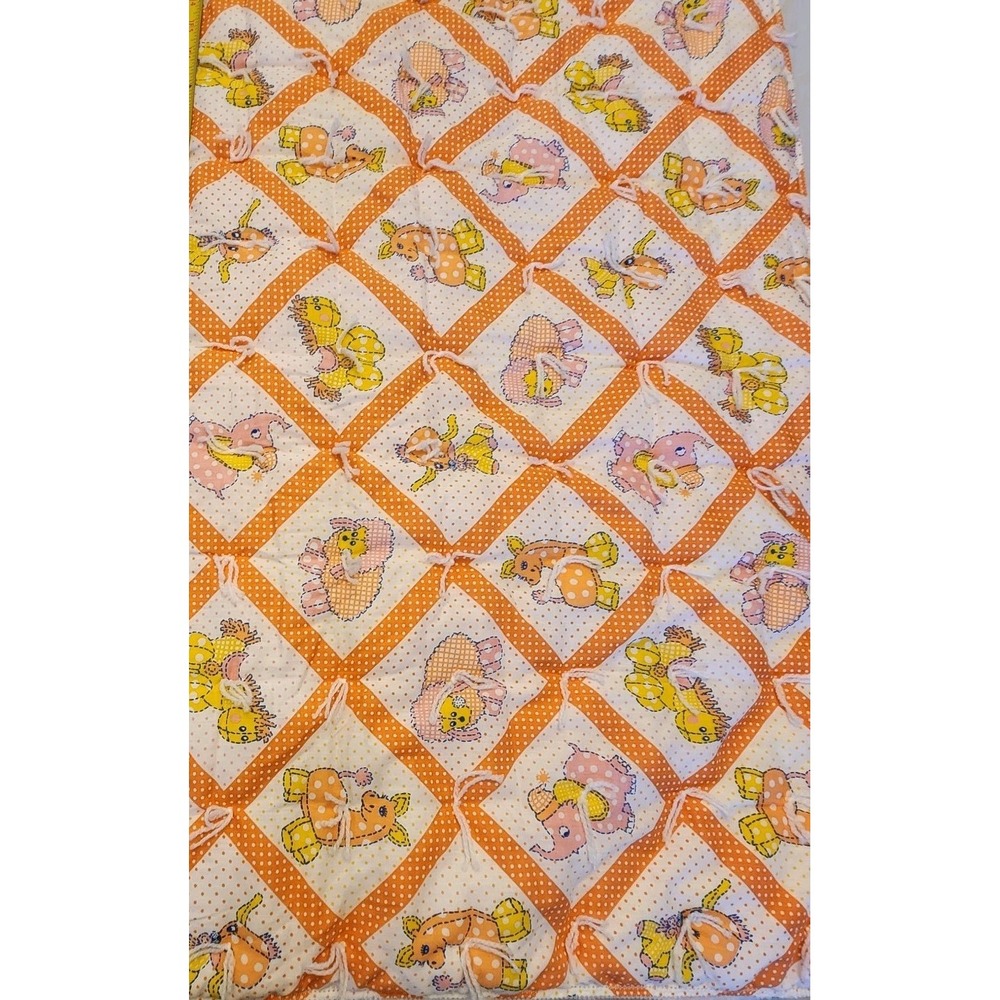 Vtg 70s Handmade Tied Baby Crib Quilt Animals & Polka Dots Orange Mod Nursery